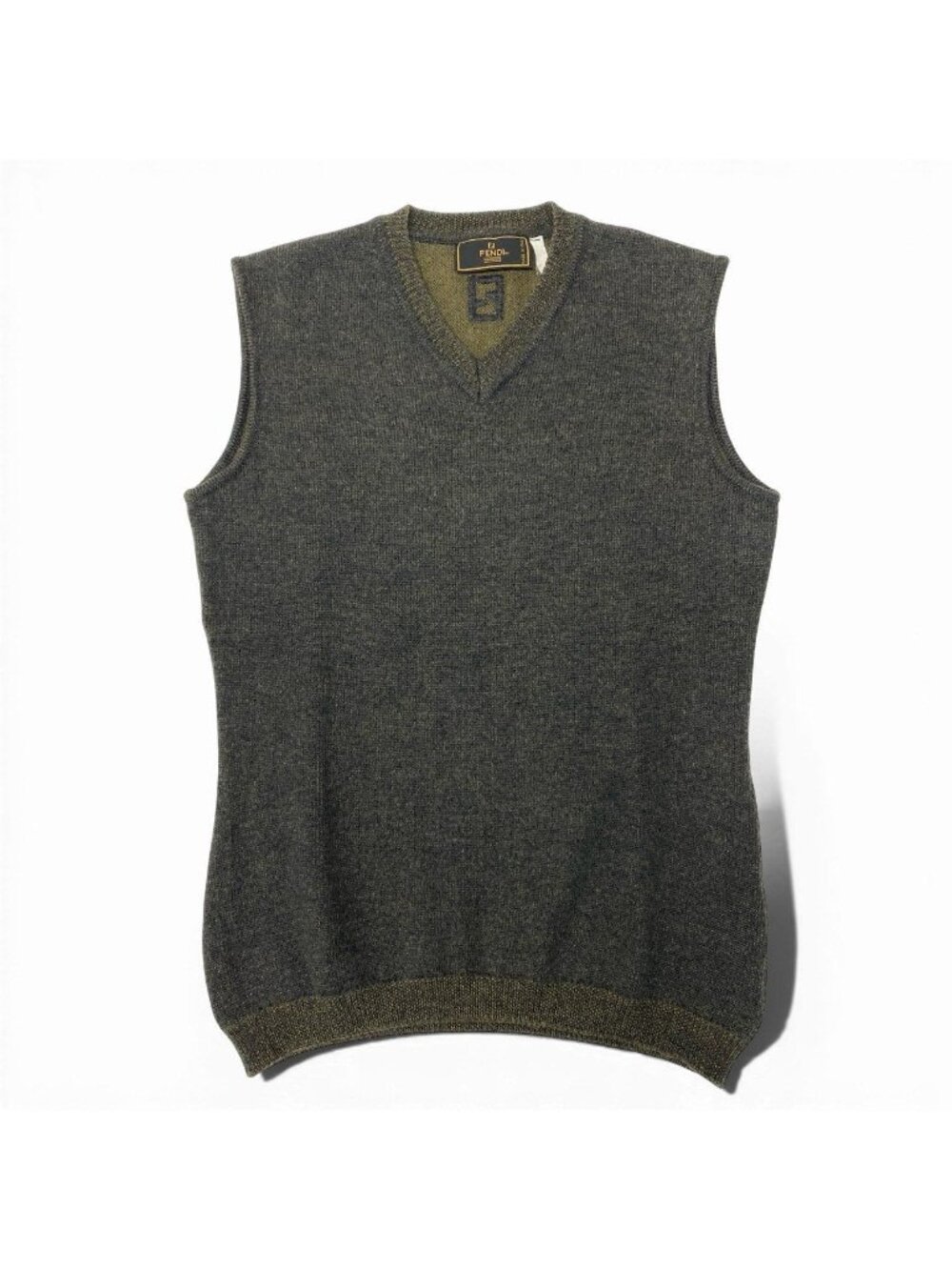 Fendi Vintage Logo Embroidery Knit Vest V-neck Accent Khaki Wool 42